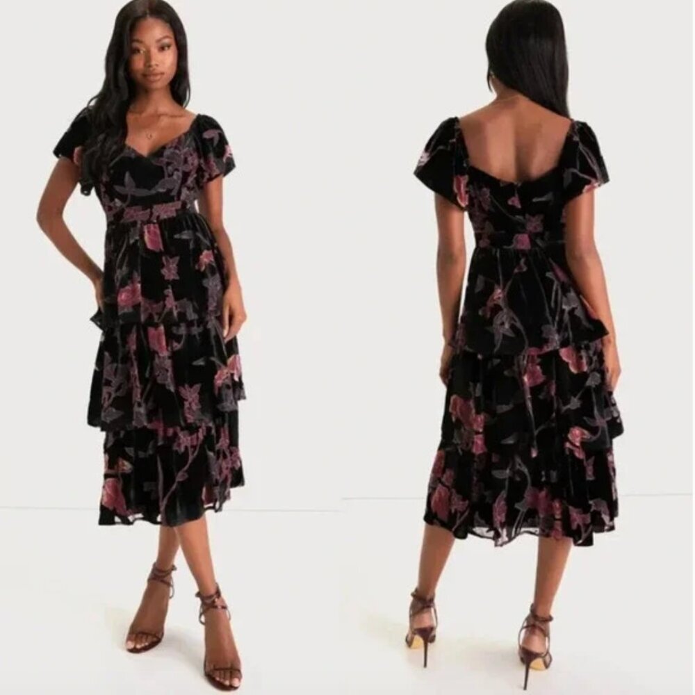 Lulu's Black and Pink Floral Midi Dress